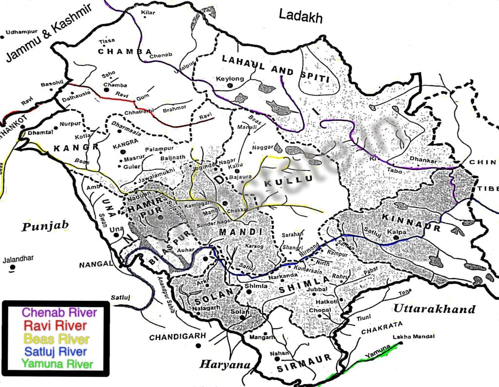 Map representation of 5 major rivers of himachal Pradesh, highlighted by different colours.