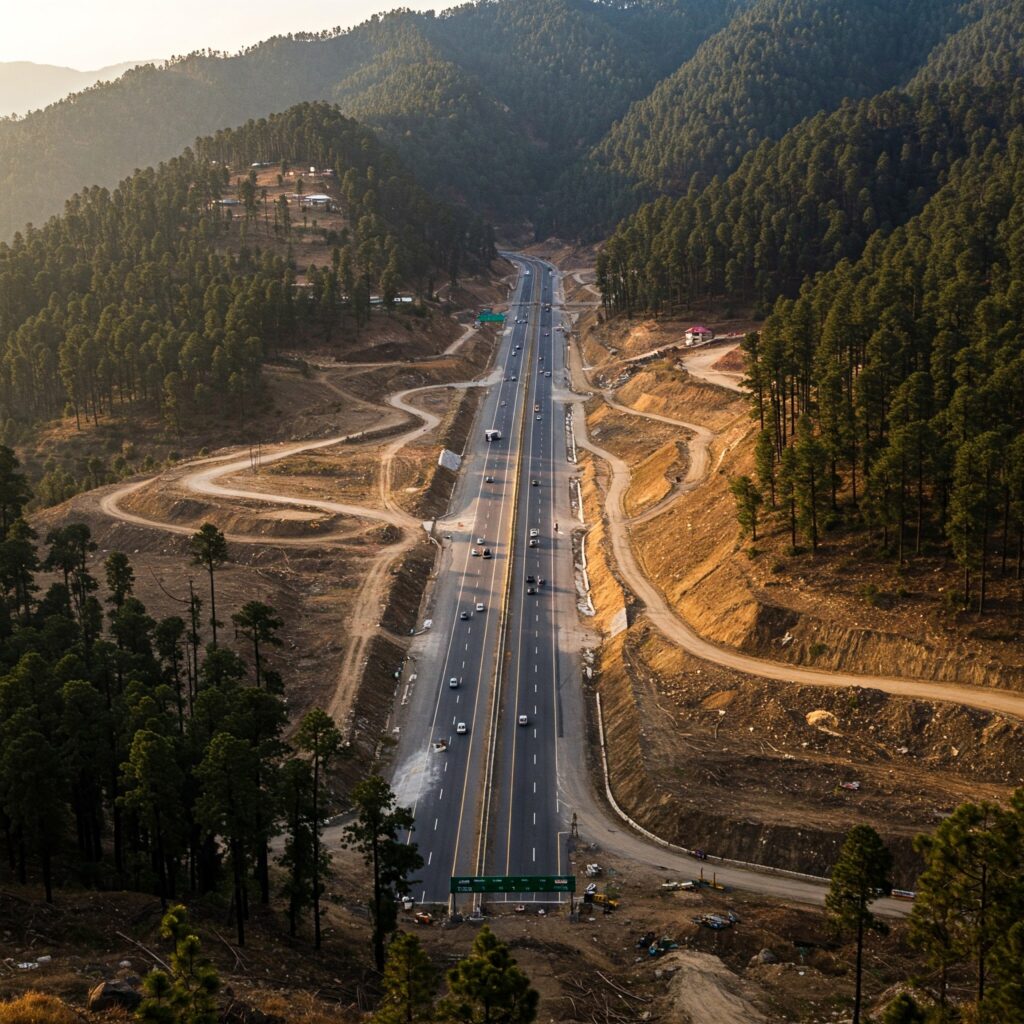 A "AI created" photo of a road construction site in Himachal Pradesh with mountains in the background.