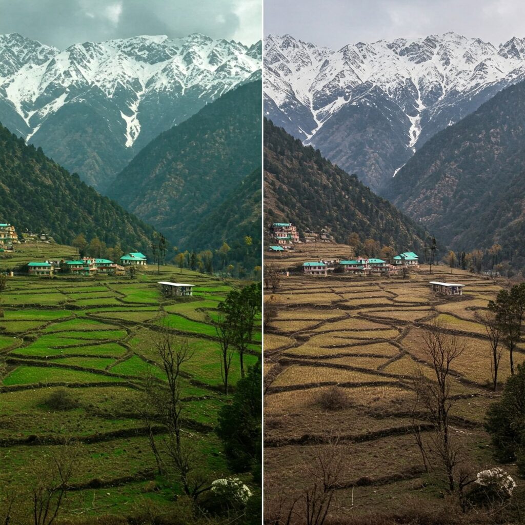 A split image shows a lush green valley in Himachal Pradesh with snow-capped mountains in the past (left) and a barren, dry landscape with less snow in the present (right), illustrating the impact of climate change.