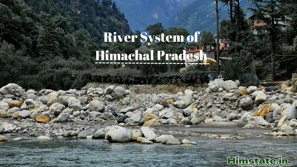 A scenic view of a river flowing through a rocky bed surrounded by lush green trees and distant mountains in Himachal Pradesh. Text overlay reads "River System of Himachal Pradesh," with a Himstate.in logo at the bottom