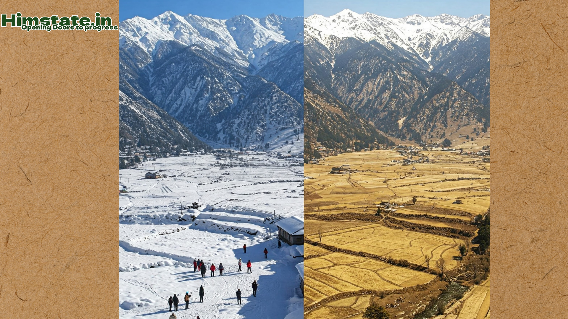 A side-by-side comparison of a valley in Himachal Pradesh, showing the effects of climate change. The left side depicts a winter landscape covered in snow with people walking, while the right side shows the same valley with dry, brown fields and reduced snow on the mountains.