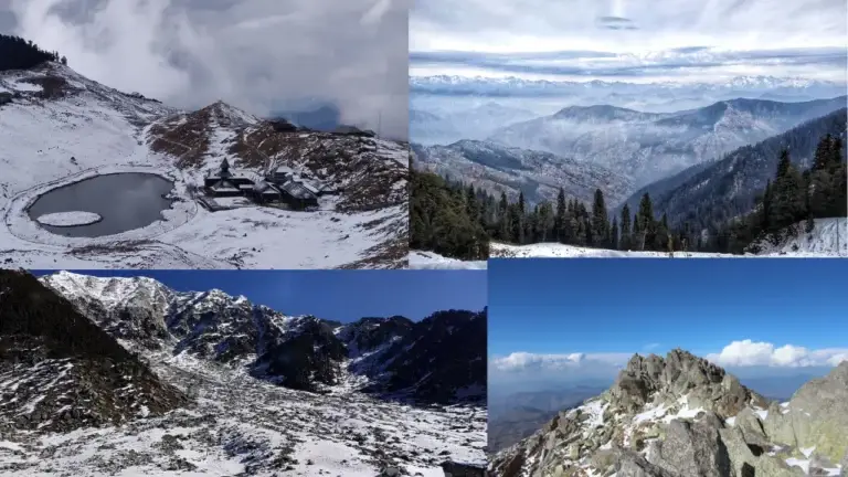 A stunning winter collage featuring the snow-covered landscapes of Himachal Pradesh, including Hatu Peak, Churdhar Peak, Prashar Lake, and Frozen Kareri Lake, showcasing breathtaking trekking destinations.