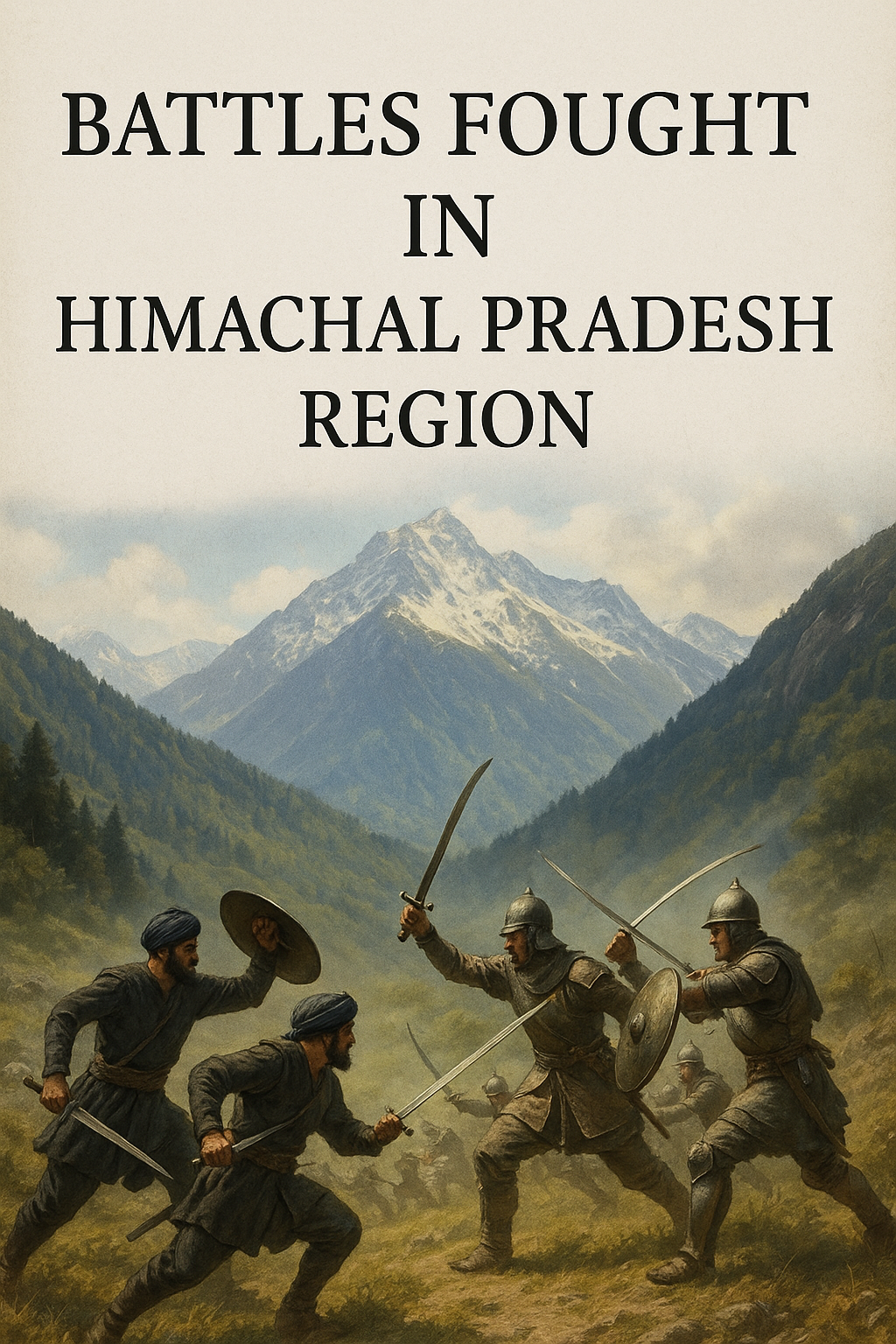 Illustration of ancient warriors clashing with swords in a mountainous region of Himachal Pradesh.