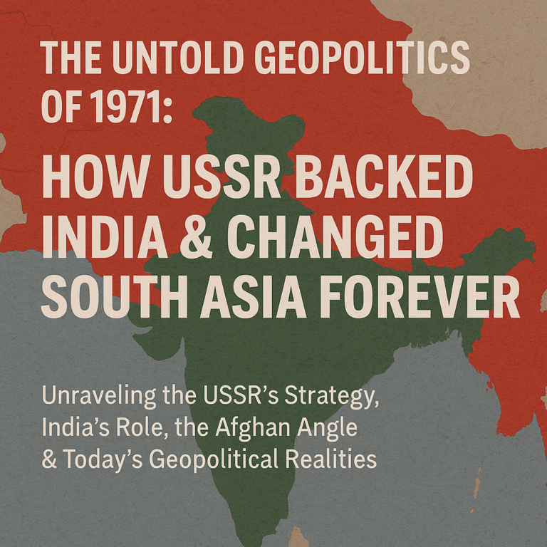 Illustration depicting the USSR-India alliance during the 1971 Indo-Pak war, featuring military symbols, Cold War-era elements, and a South Asian map background.