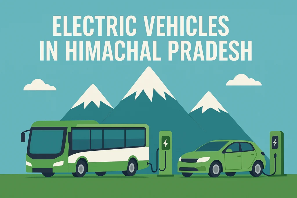 Illustration of electric bus and car charging in Himachal Pradesh with snow-capped mountains in the background