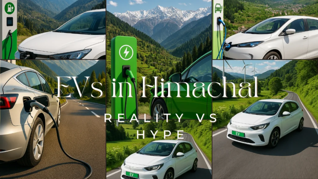 Ev Cars getting charged in the background with a text in white colour written "EVs in Himachal Reality vs Hype