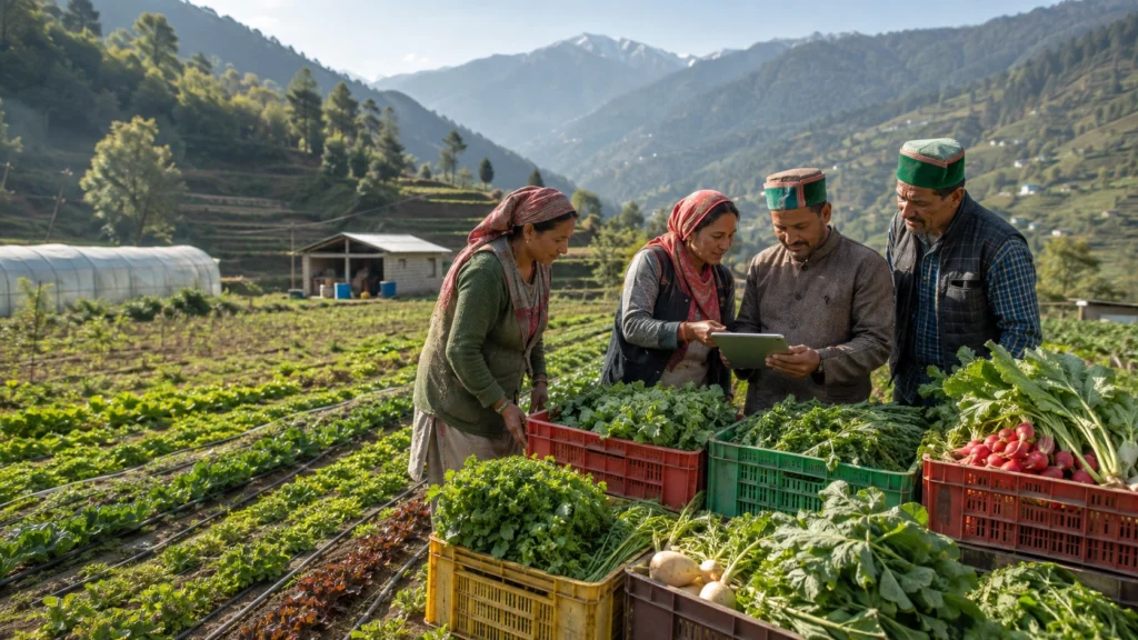Farmers reviewing agricultural information beside harvested produce in terraced fields under Him Unnati Yojana in Himachal Pradesh.