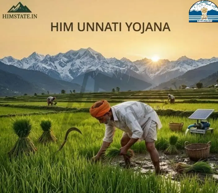 A farmer harvesting crops in a lush green stepped field in Himachal Pradesh with snow-covered Himalayan peaks and a solar water pump in the background.