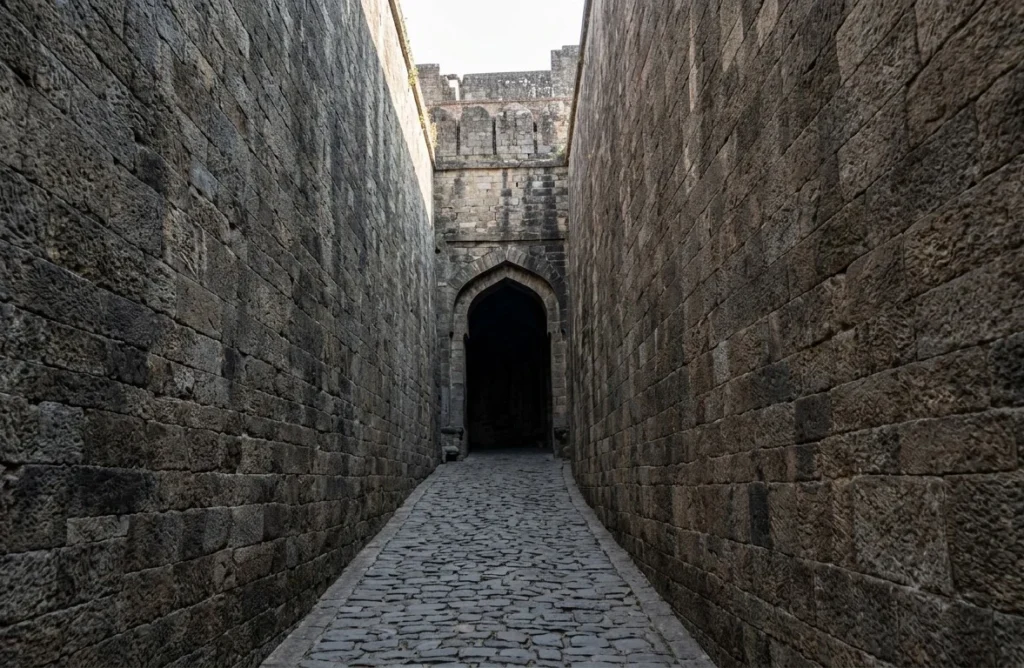 Narrow cobblestone path between towering stone walls at Kangra Fort designed for acoustic defense.