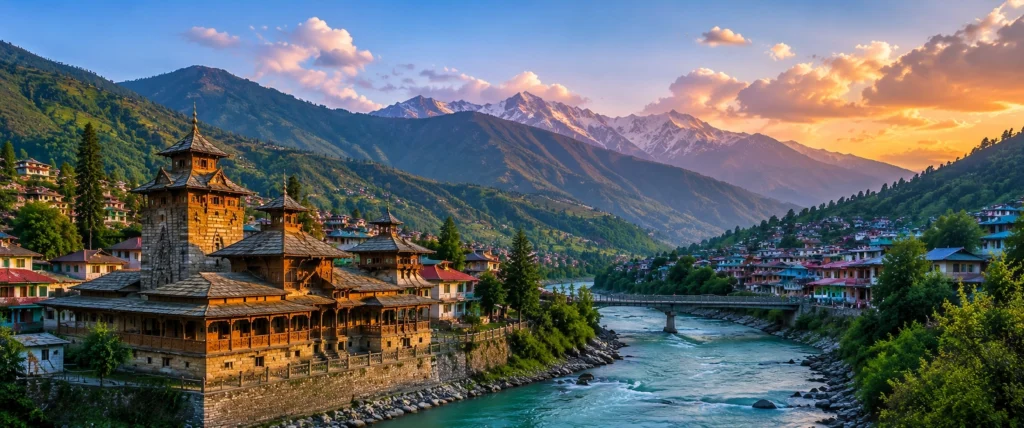 Panoramic view of Chamba district in Himachal Pradesh featuring traditional architecture, Ravi River, lush valleys and snow-capped Himalayan mountains at sunset