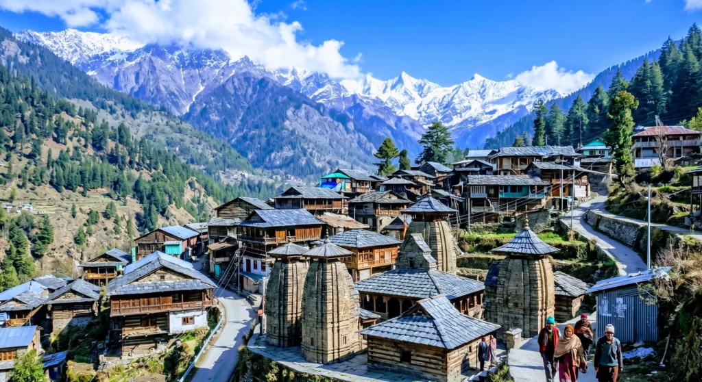 Panoramic view of Bharmour village showing traditional Himalayan wooden houses and ancient stone temples under snow-capped mountains.