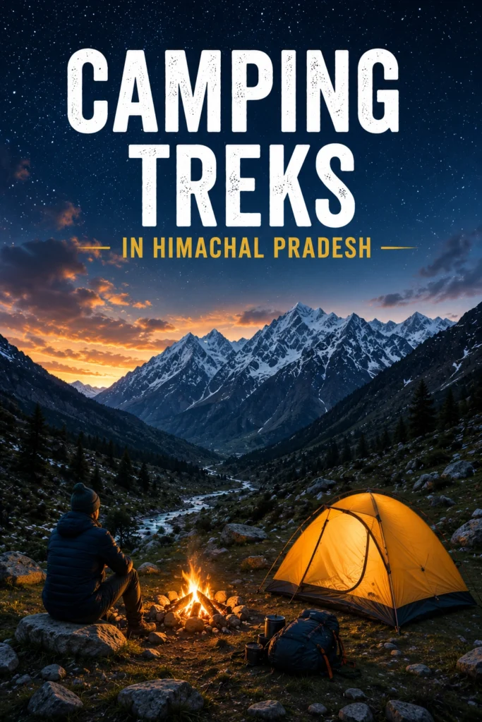 Camper beside a glowing tent and campfire beneath a starry sky in the Himalayan mountains of Himachal Pradesh