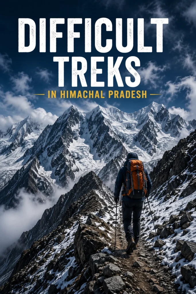 Experienced mountaineer ascending a steep Himalayan trail surrounded by snow-covered peaks in Himachal Pradesh