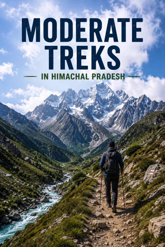 Hiker walking along a scenic mountain trail with snow-capped Himalayan peaks representing moderate treks in Himachal Pradesh