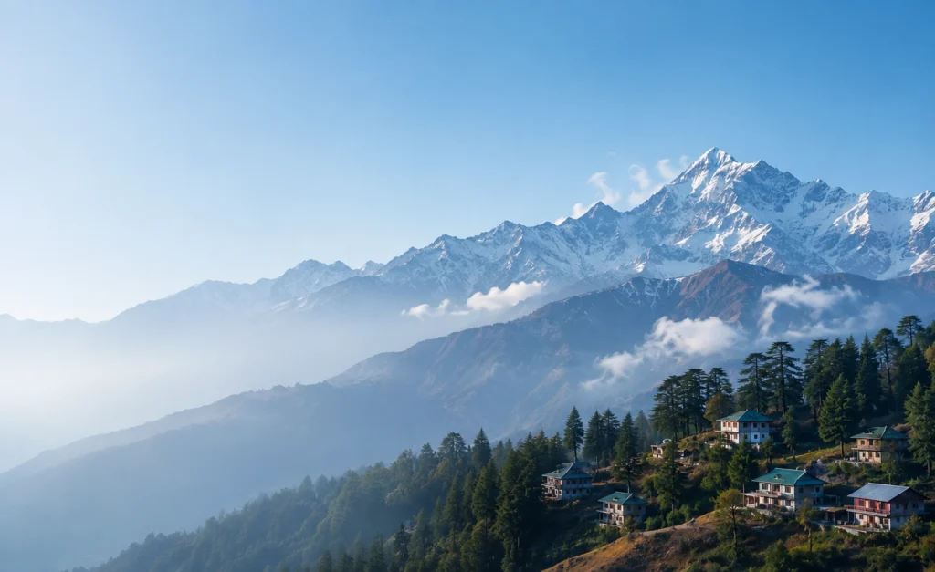 Panoramic view of the snow-capped Himalayan mountains, evergreen forests, and a peaceful hillside village in Himachal Pradesh representing the natural beauty and diverse heritage of the state.