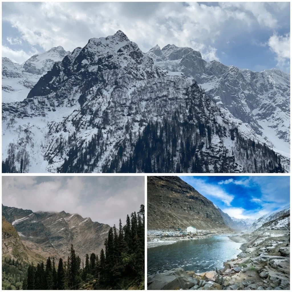 A beautiful collage showcasing the Beas River Valley, dense forest mountains of Manali, and the sacred Beas Kund in Himachal Pradesh.