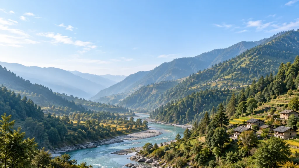 Illustrated Himalayan river valley with forested hills, terraced fields and hillside homes.