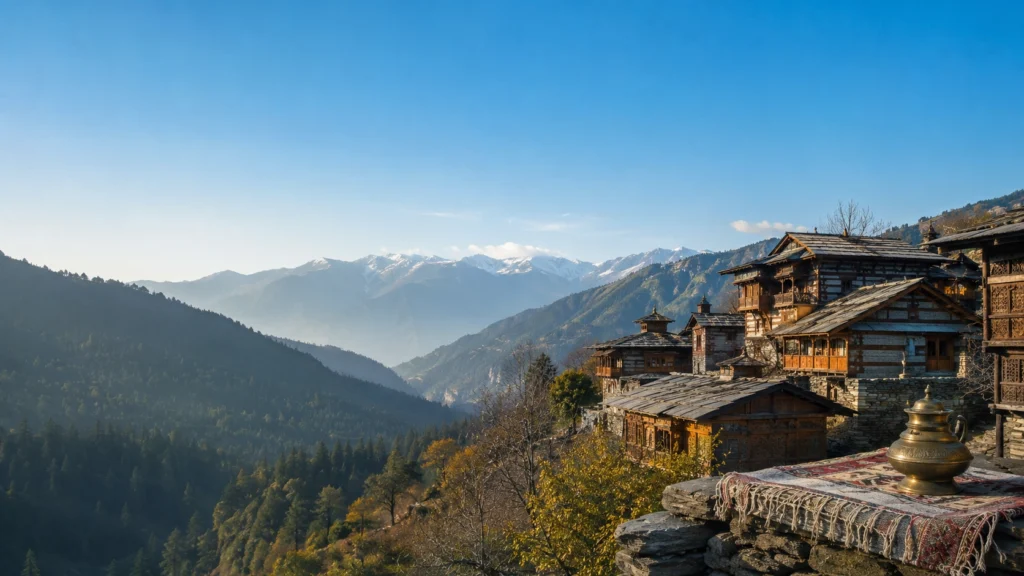 Traditional stone-and-timber houses overlooking a Himalayan valley, representing the culture and heritage of Himachal Pradesh.