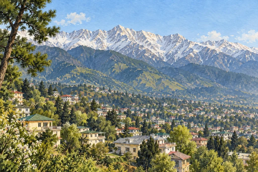 Dharamshala — Himachal Pradesh’s Second Capital Dharamshala-inspired illustration of homes on green foothills beneath snow-covered mountain peaks.