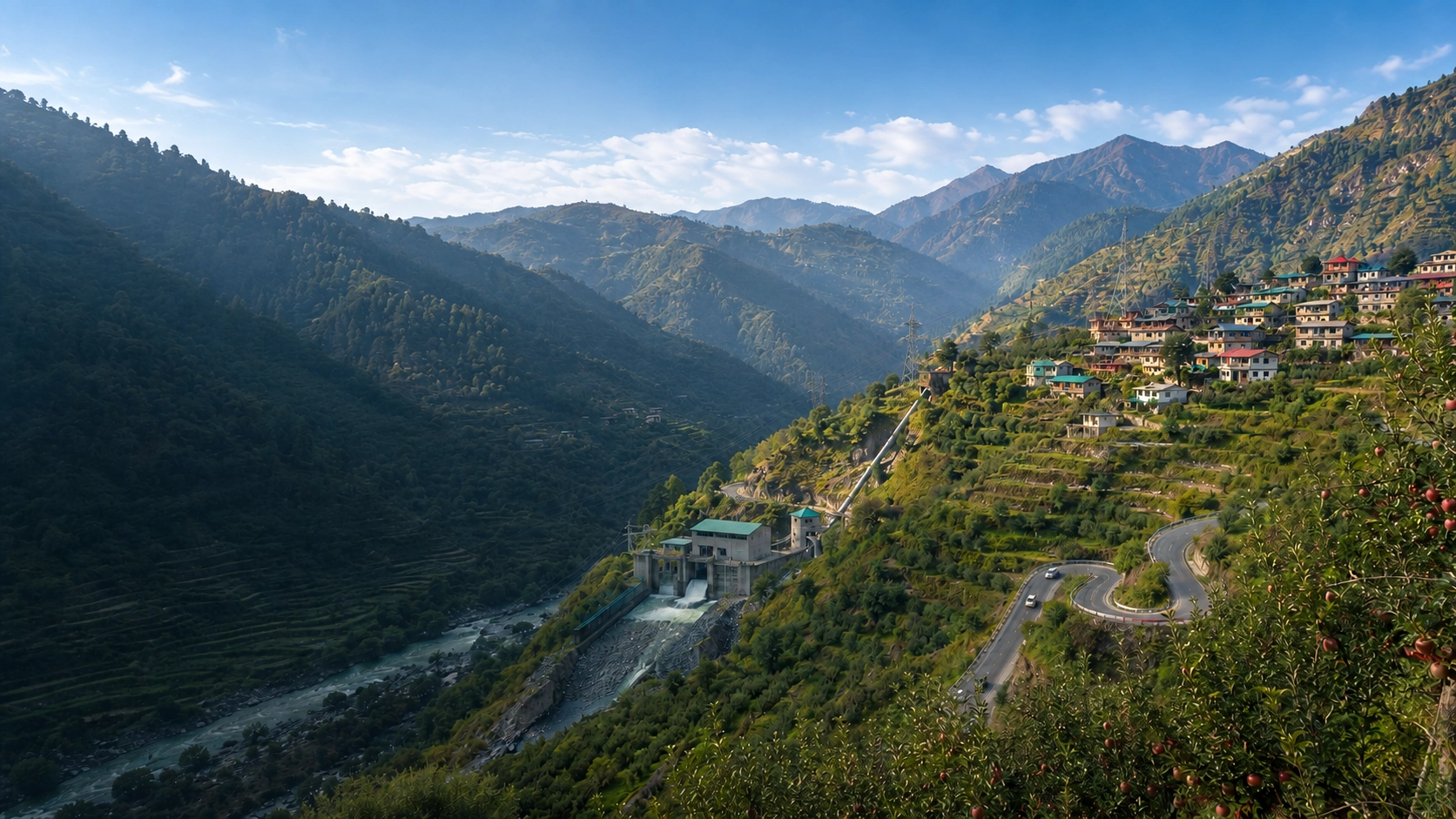Himalayan economy landscape showing apple orchards, road connectivity, hydropower infrastructure and hillside settlements in Himachal Pradesh