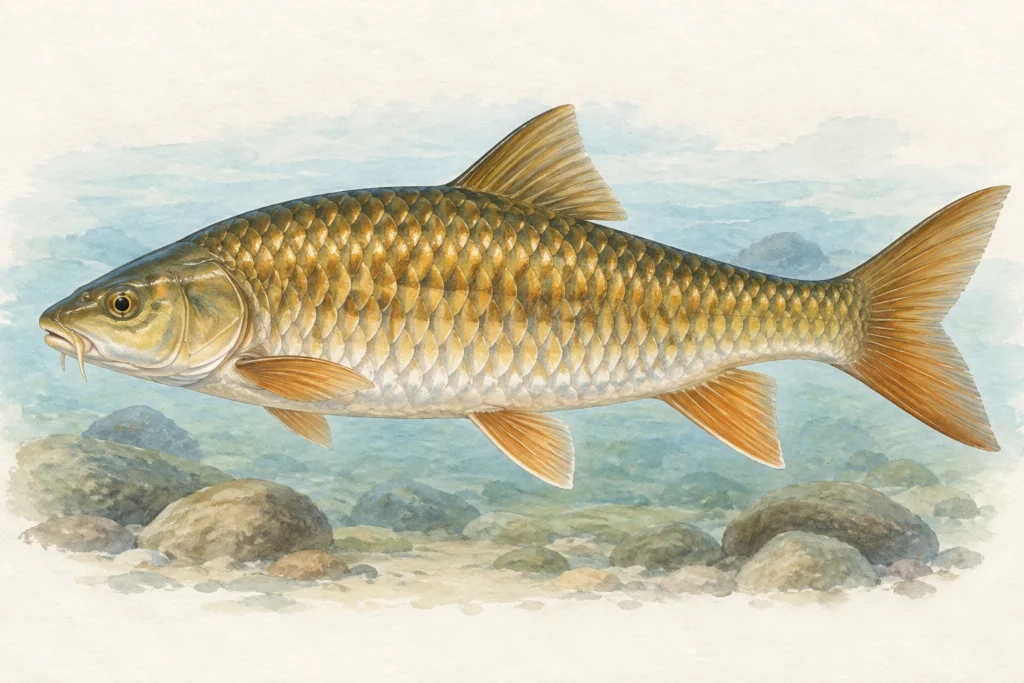 Side-view illustration of a golden mahseer with bronze scales, orange-toned fins and a forked tail.