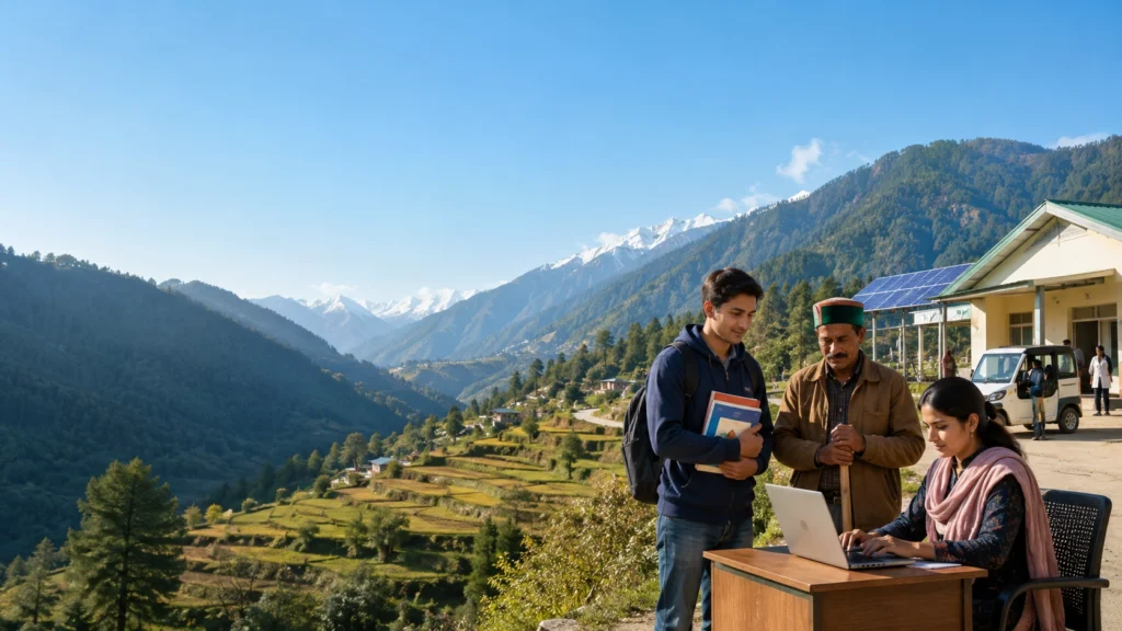 Students, farmers and residents accessing digital citizen services in a representative Himachal Pradesh mountain landscape.