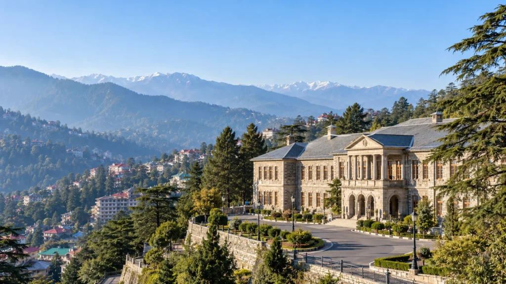 Himalayan landscape and civic architecture representing government and politics in Himachal Pradesh