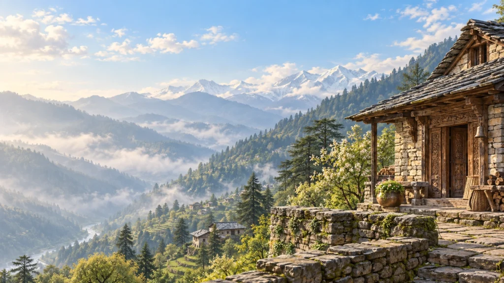 Illustration of a traditional stone-and-timber house overlooking forested Himalayan valleys and snowy peaks.