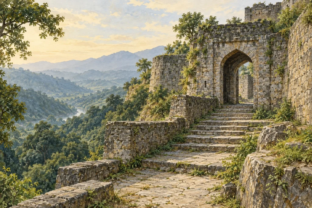 Illustrated stone gateway and weathered ramparts above a wooded Himalayan valley, inspired by Kangra Fort.