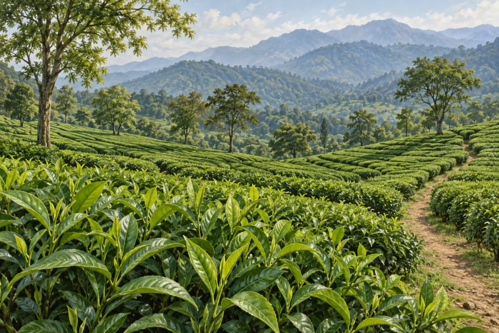 Illustrated rows of tea bushes beside an earthen path, with shade trees and forested hills beyond.