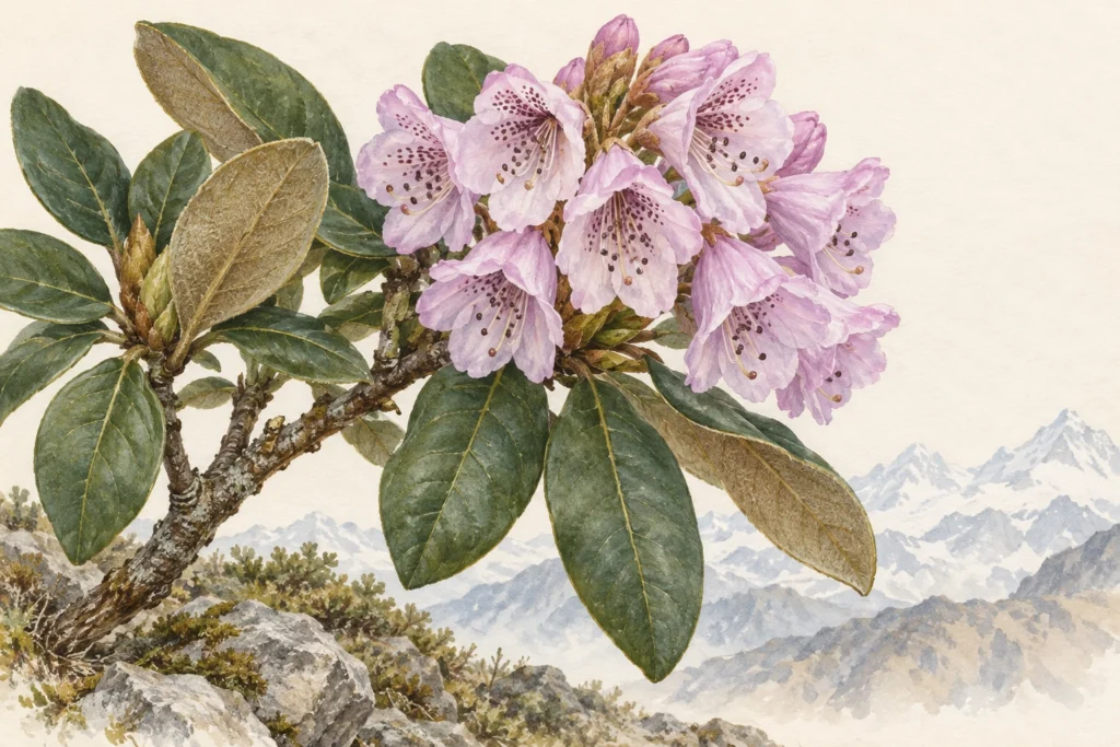 Illustration of pale pink rhododendron flowers with spotted throats and leathery oval leaves.
