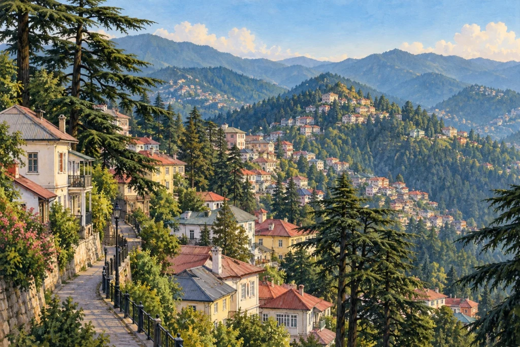 Shimla — Himachal Pradesh’s State Capital Shimla-inspired illustration of hillside houses, sloping rooftops, a pedestrian lane and deodar trees.
