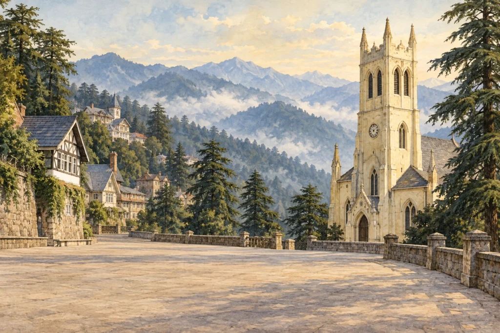 Watercolour-style illustration of a Gothic church tower, gabled hill buildings and a promenade inspired by Shimla.