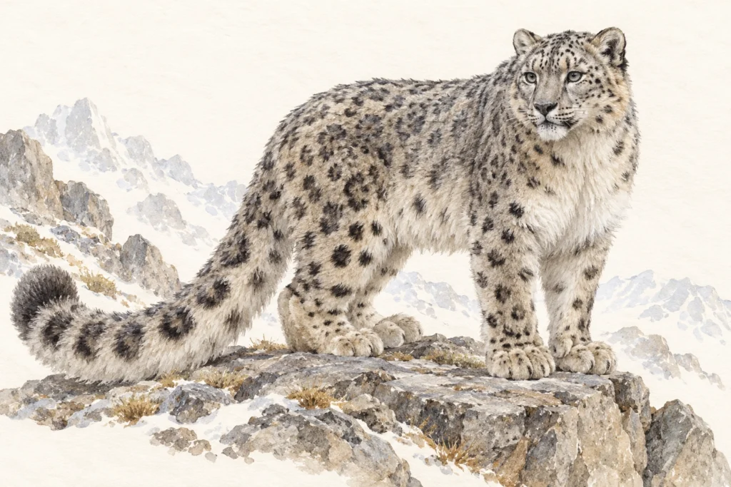 Illustration of a snow leopard standing on a rocky ledge with its long, thick tail visible.