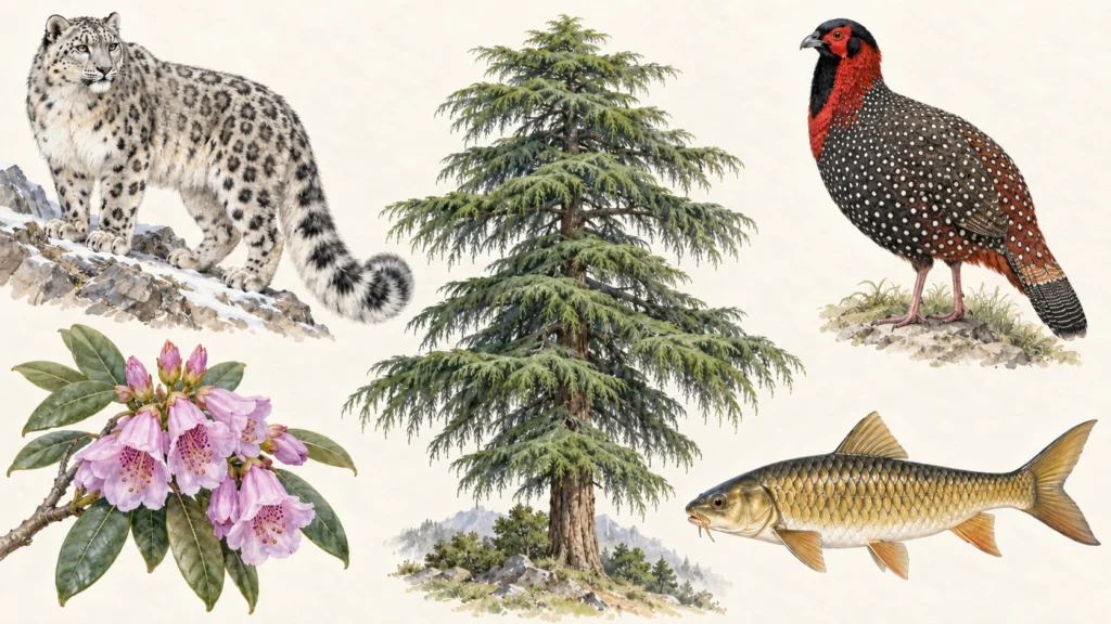 Illustrated collage of a snow leopard, western tragopan, deodar, pink rhododendron and golden mahseer.