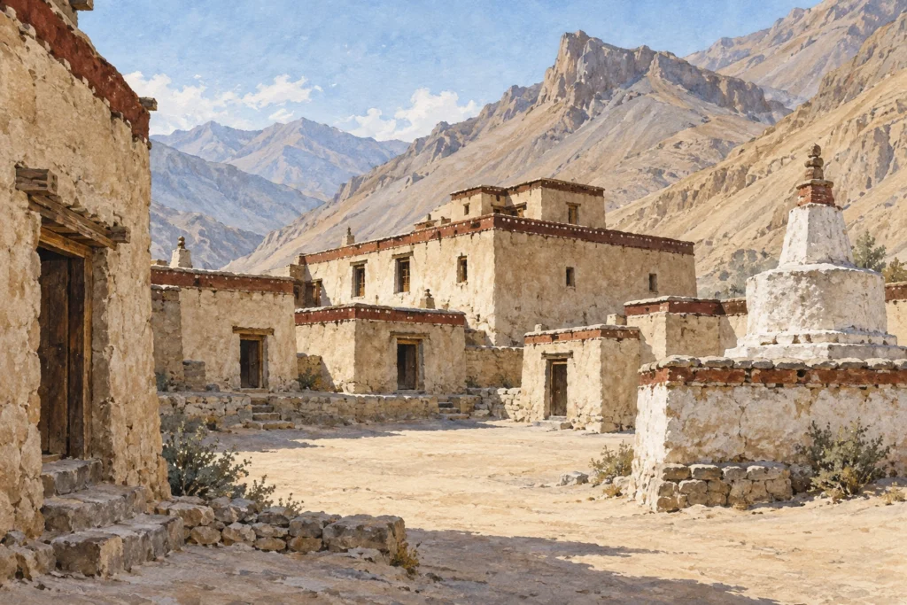 Illustration of earthen monastery buildings and a white chorten against Spiti-like barren mountain slopes.