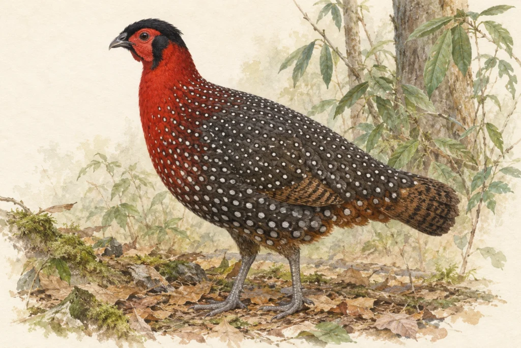 Illustration of a male western tragopan with a black head, red neck and white-spotted plumage.